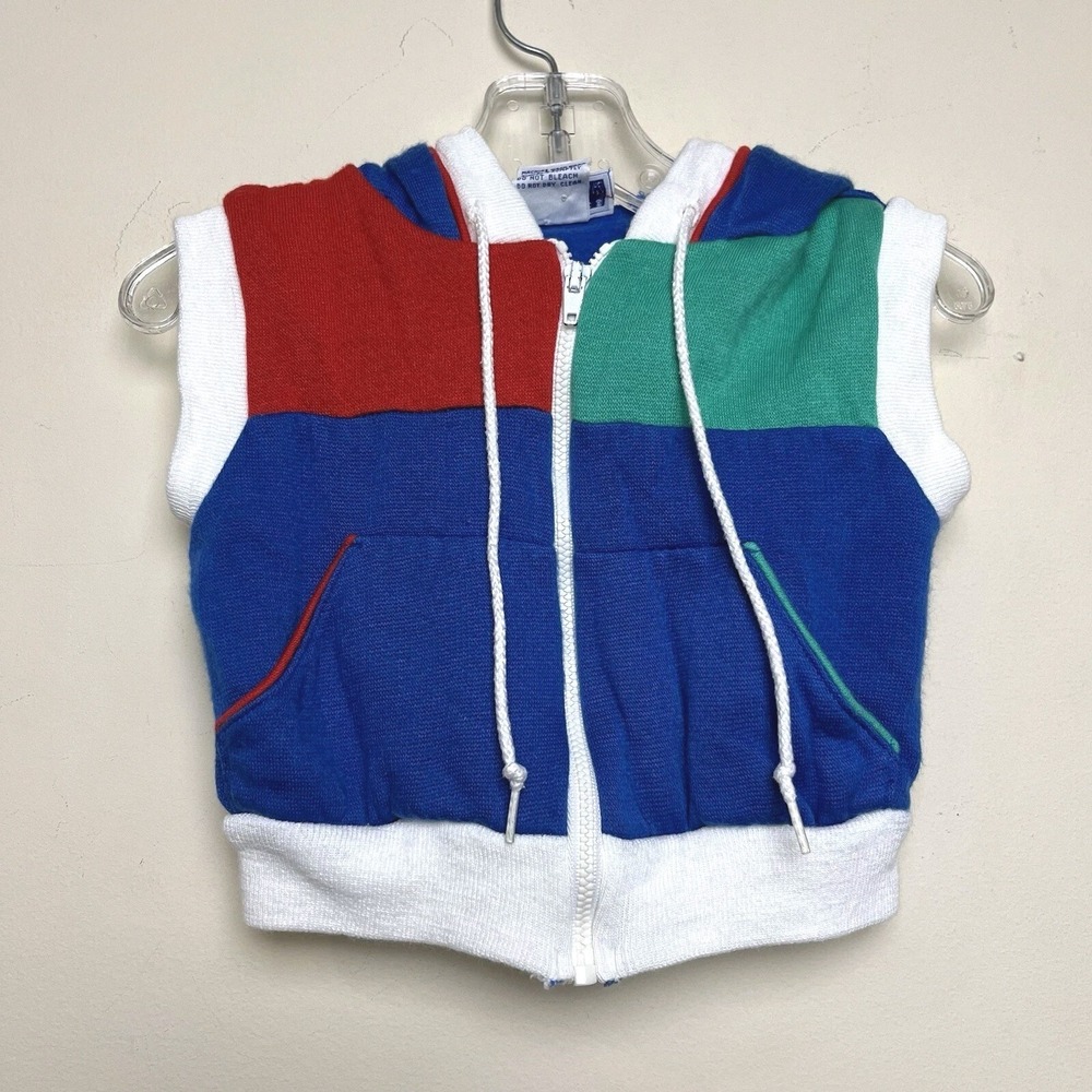 Vintage Doe Spun‎ 80s Colorblock Hooded Sweatshirt Tank Vest Hoodie Baby 12 Mos